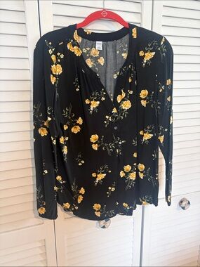 Old Navy Black Blouse with Yellow Floral Print